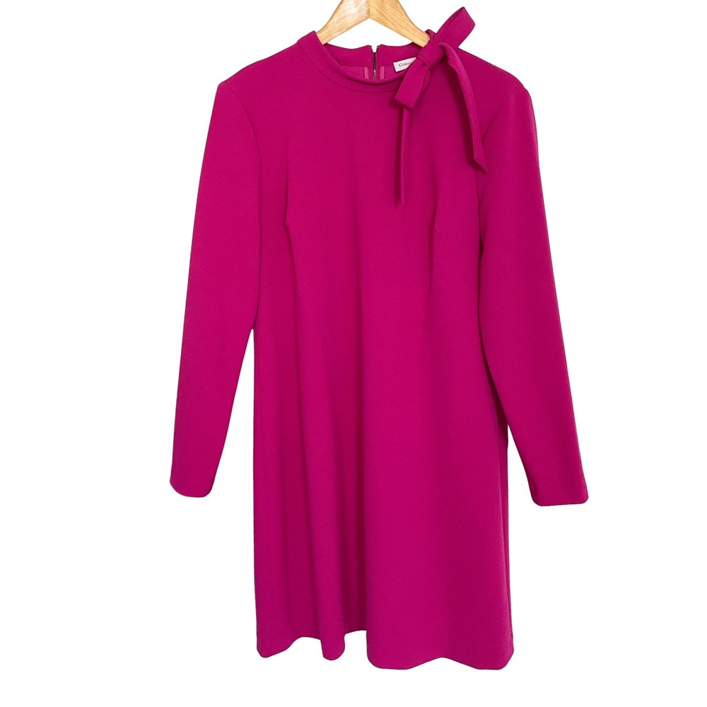 Calvin Klein Dress Womens 16 Magenta Fuchsia Crepe Mock Neck Bow Long Sleeve NWT
